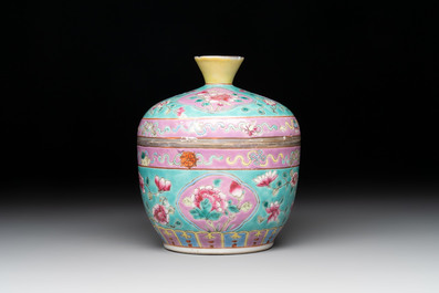 A Chinese famille rose turquoise-ground 'chupu' bowl and cover for the Straits or Peranakan market, 19th C.