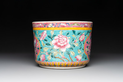 A Chinese famille rose turquoise-ground jardini&egrave;re for the Straits or Peranakan market, 19th C.