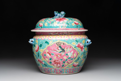A Chinese famille rose turquoise-ground 'kamcheng' bowl and cover for the Straits or Peranakan market, 19th C.