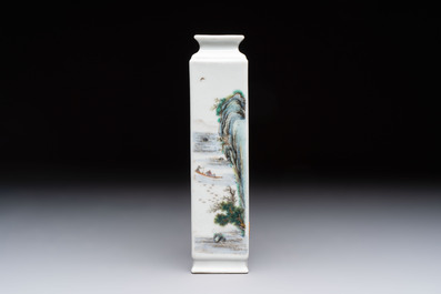 A Chinese famille rose 'landscape and calligraphy' square vase, Shen De Tang Zhi 慎德堂製 mark, Republic