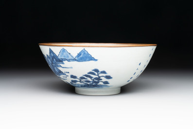 A Chinese blue and white 'Bleu de Hue' bowl with the Hai Van mountains for the Vietnamese market, Thanh Ngoan mark for Nguyen Phuc Chu, Kangxi
