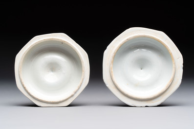 A pair of Chinese blue and white candlesticks with floral design, Kangxi