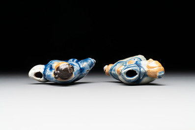 Two Chinese blue, white and celadon biscuit 'Shoulao' and 'Zhongli Quan' water droppers, Qianlong