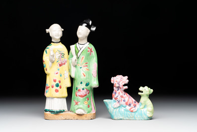 A Chinese famille rose 'mandarin' group and a 'qilin' water dropper, Qianlong