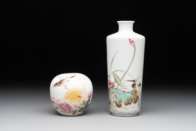 A Chinese famille rose vase and a small jar, signed Bi Botao 毕伯涛, dated 1935 and 1936
