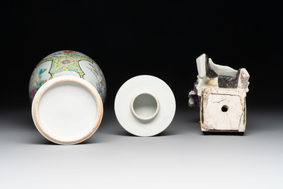A Chinese famille rose covered vase, teapot and a seated figure, and a famille noire pattipan or teapot stand, 18/19th C.