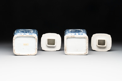 A pair of Chinese blue and white square vases and covers with floral design, Kangxi