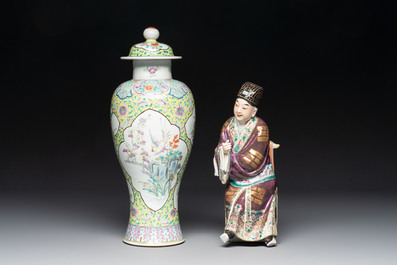 A Chinese famille rose covered vase, teapot and a seated figure, and a famille noire pattipan or teapot stand, 18/19th C.