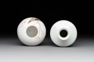 A Chinese famille rose vase and a small jar, signed Bi Botao 毕伯涛, dated 1935 and 1936