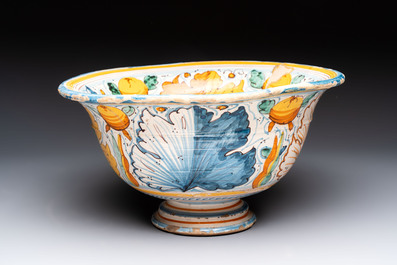 A large polychrome Italian maiolica bowl with floral design, Montelupo, 17th C.