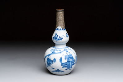 A Chinese blue and white silver-mounted double-gourd 'Li Bai' vase, Kangxi
