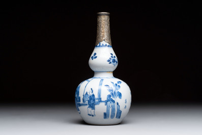 A Chinese blue and white silver-mounted double-gourd 'Li Bai' vase, Kangxi