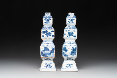 A pair of Chinese blue and white triple-gourd square vases, Kangxi
