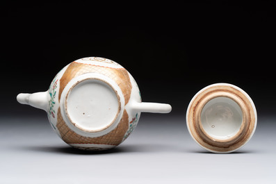 A Chinese famille rose monogrammed teapot with floral design, Yongzheng/Qianlong