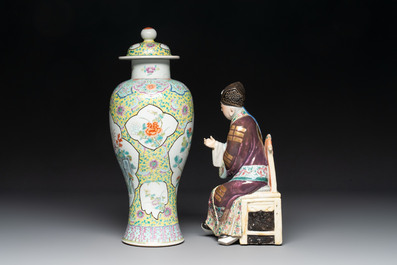 A Chinese famille rose covered vase, teapot and a seated figure, and a famille noire pattipan or teapot stand, 18/19th C.