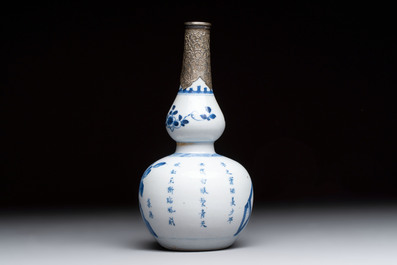 A Chinese blue and white silver-mounted double-gourd 'Li Bai' vase, Kangxi