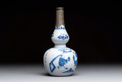 A Chinese blue and white silver-mounted double-gourd 'Li Bai' vase, Kangxi