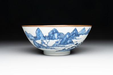 A Chinese blue and white 'Bleu de Hue' bowl with the Hai Van mountains for the Vietnamese market, Thanh Ngoan mark for Nguyen Phuc Chu, Kangxi