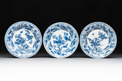 12 Chinese blue and white cups and 11 saucers with birds among flowering branches, Kangxi