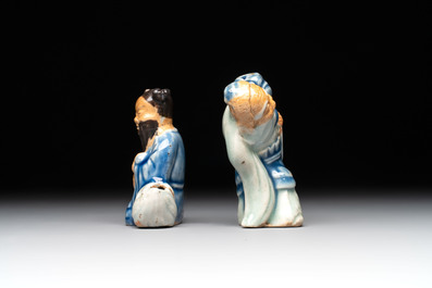 Two Chinese blue, white and celadon biscuit 'Shoulao' and 'Zhongli Quan' water droppers, Qianlong