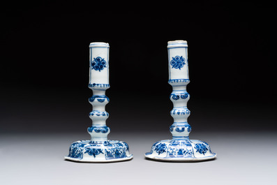 A pair of Chinese blue and white candlesticks with floral design, Kangxi