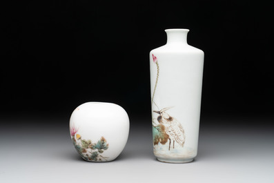 A Chinese famille rose vase and a small jar, signed Bi Botao 毕伯涛, dated 1935 and 1936