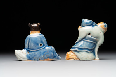 Two Chinese blue, white and celadon biscuit 'Shoulao' and 'Zhongli Quan' water droppers, Qianlong