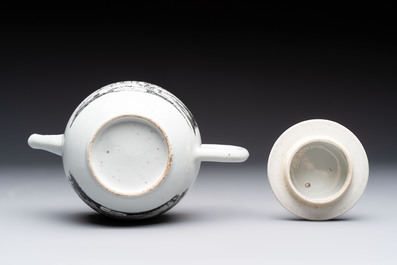 A Chinese grisaille 'Scheveningen, Workum and Voorschoote' teapot, Qianlong