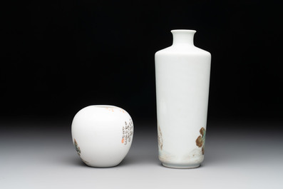 A Chinese famille rose vase and a small jar, signed Bi Botao 毕伯涛, dated 1935 and 1936