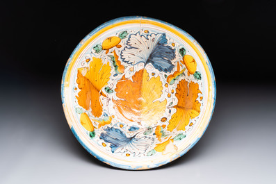 A large polychrome Italian maiolica bowl with floral design, Montelupo, 17th C.