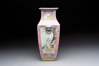 A Chinese famille rose pink-ground vase with figural design, Qianlong mark, 19/20th C.