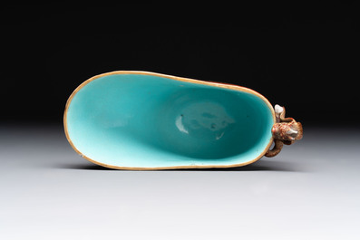A Chinese gilt-decorated brown-glazed libation cup with a chilong-form handle, Qianlong mark and of the period