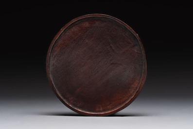 A Chinese famille rose 'immortals' vase on wooden stand and a plaque, Qianlong mark, 20th C.