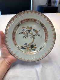 A Chinese wucai jar and cover, a famille verte vase, a dish and three plates, Kangxi