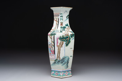 A Chinese Canton famille rose hexagonal vase with narrative design, 19th C.