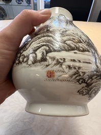 A pair of small Chinese grisaille 'hu' vases with winter landscapes, Qianlong and Tangying marks, Republic
