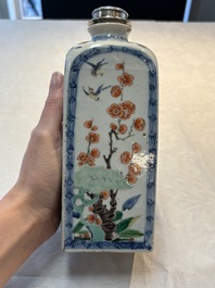 A Chinese famille verte square flask with a silver cover, Kangxi