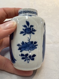 A pair of Chinese blue and white 'Long Eliza' miniature vases and wooden covers, Kangxi