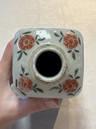 A Chinese famille verte square flask with a silver cover, Kangxi