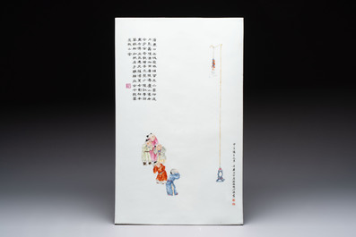 A Chinese famille rose 'immortals' vase on wooden stand and a plaque, Qianlong mark, 20th C.