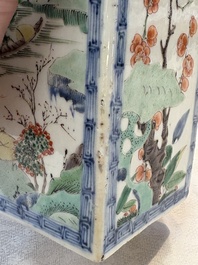 A Chinese famille verte square flask with a silver cover, Kangxi