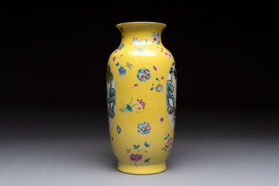 A Chinese famille rose yellow-ground sgraffiato vase, Qianlong mark, Republic
