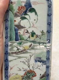 A Chinese famille verte square flask with a silver cover, Kangxi