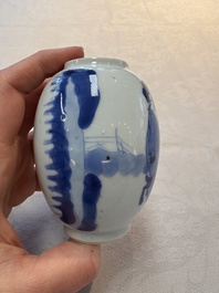 A Chinese blue and white 'ladies playing go' tea caddy and cover, Kangxi
