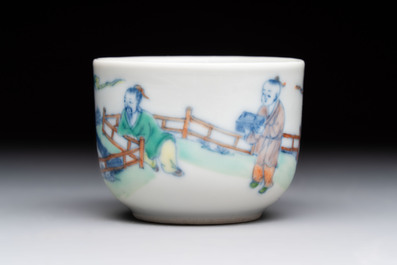 A Chinese doucai 'Zhou Dunyi 周敦颐' cup on wooden stand, Xianfeng mark and of the period