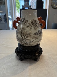A pair of small Chinese grisaille 'hu' vases with winter landscapes, Qianlong and Tangying marks, Republic