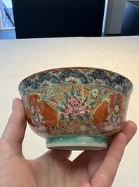 A rare Chinese polychrome orange-ground Bencharong 'Thepphanom' bowl and cover for the Thai market, 19th C.