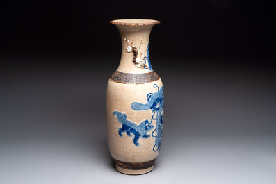 A Chinese Nanking blue and white crackle-glazed 'Buddhist lion' vase, Chenghua mark, 19th C.