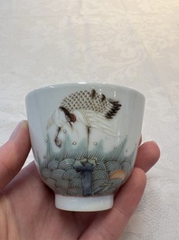 A pair of Chinese famille rose 'crane' cups and a 'dragon' brush pot, Guangxu mark, 20th C.
