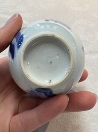 A Chinese blue and white 'ladies playing go' tea caddy and cover, Kangxi
